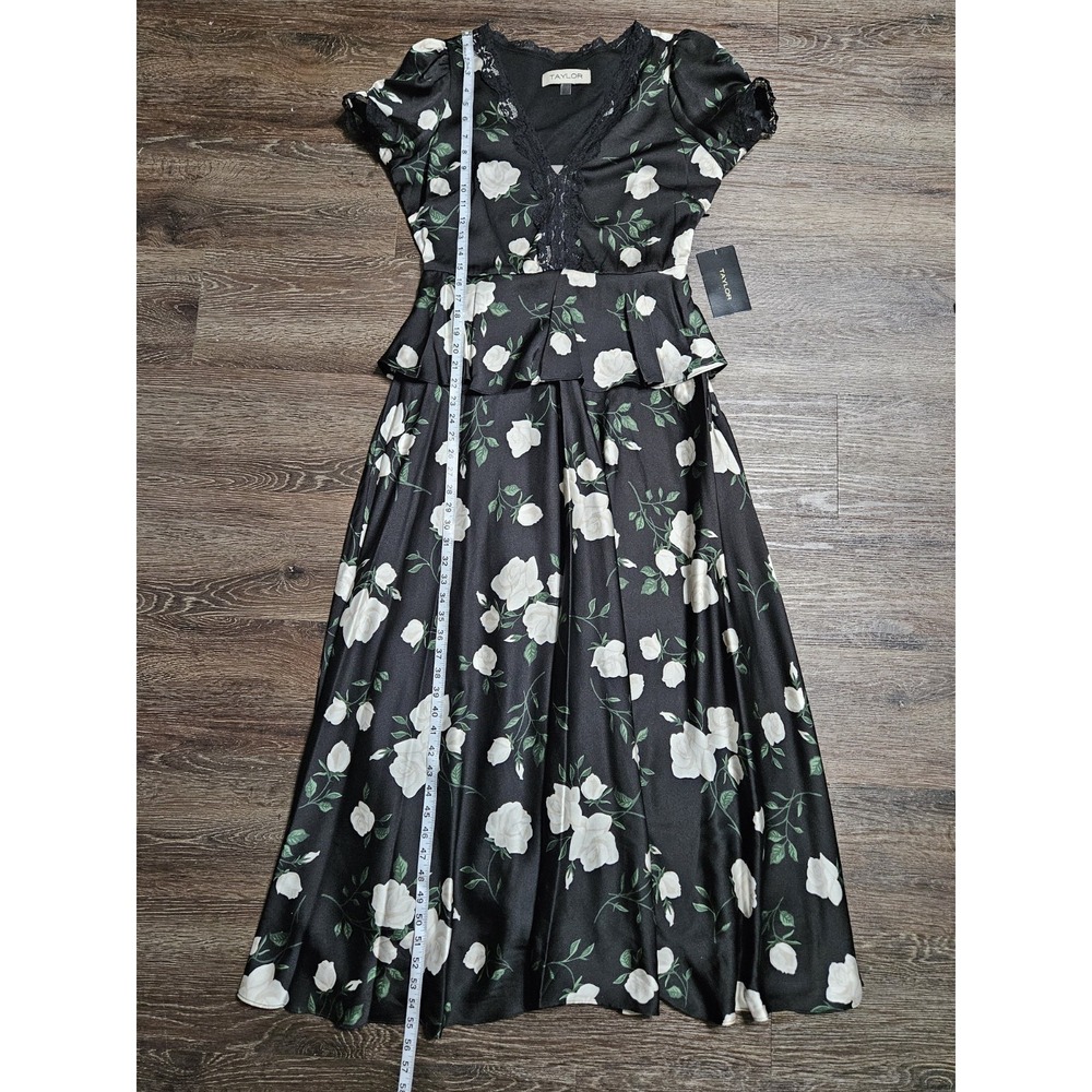 Taylor Women's Black Floral Short Sleeve V-neck Tie Waist Peplum Maxi Dress - Picture 13 of 16
